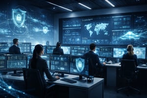 A modern, high-tech Cybersecurity Operations Center showing a desk and active monitoring screens displaying real-time security alerts.