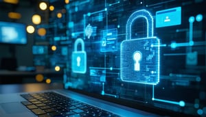 Cybersecurity image showing digital locks on computers